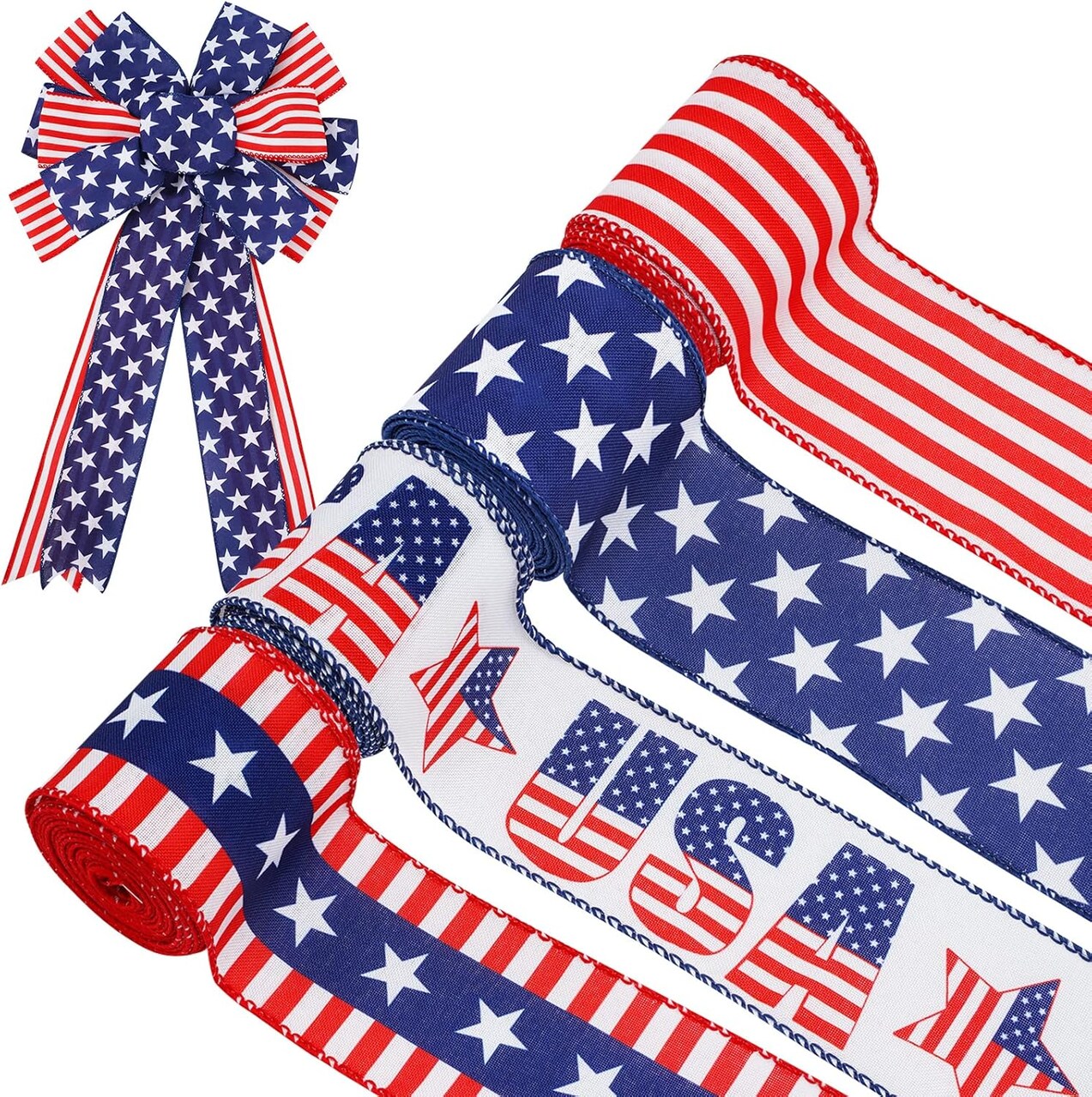 4 Rolls Patriotic Wired Edge Ribbon – 2.5" x 24 Yards Red, White & Blue Stars & Stripes Ribbon for 4th of July, Memorial Day, DIY Crafts, Wreaths & Gift Wrapping